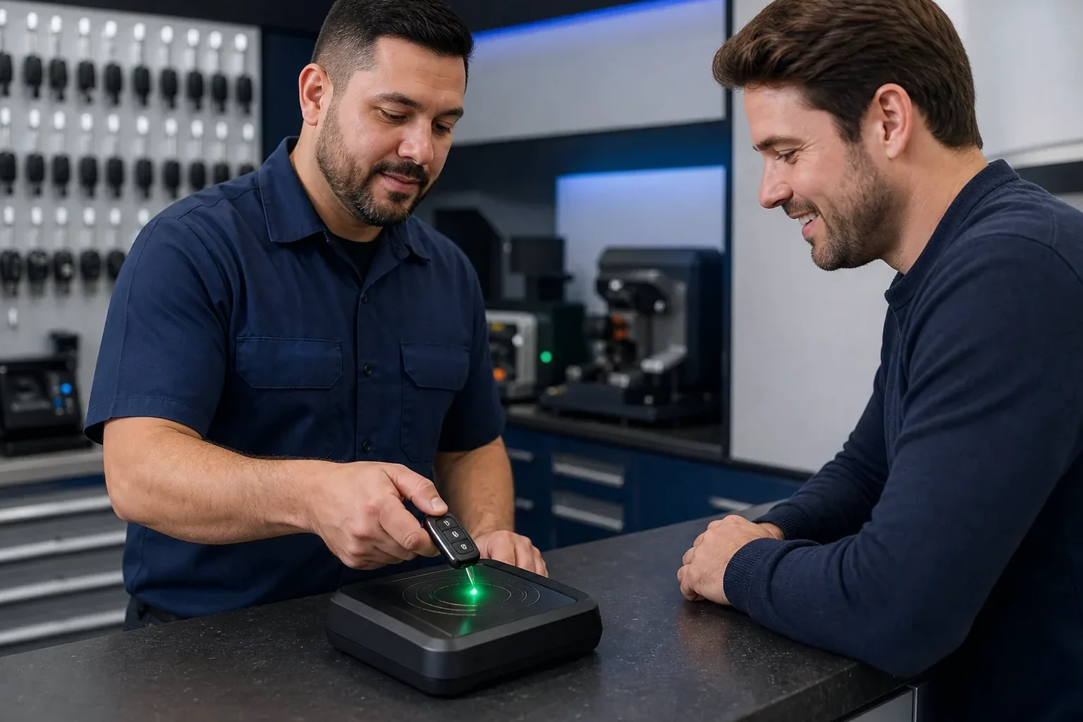 Chaveiro programando um controle de carro com equipamentos.