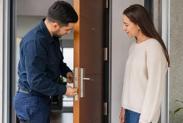 Profissionais realizando a abertura de uma porta com ferramentas de chaveiro.